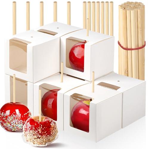 Ocmoiy 30 Pack Candy Apple Boxes with Sticks, 4" x 4" x 4" Kraft Caramel Apple Gift Box with Clear Window for Wedding, Party (White)