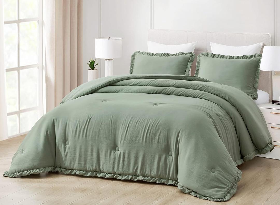 Chezmoi Collection Nora Sage Green Comforter Set Twin Size 2-Piece Lightweight Soft Stone-Washed Ruffled Shabby Chic Bedding for All Season