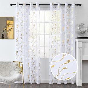 Youleyar Gold Foil Print Voile Sheer Curtains,Wicker Grommet Top Window Drapes 84 Inches Long, Luxury Metallic Bronzing Treatment Panels for Home Window Decoration, 2 Panels, Wicker/Gold