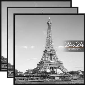 upsimples 24x24 Picture Frame Black 3 Pack, Scratch-Proof Picture Frames 24 x 24 for Photo Gallery - Slide-in Strips, Horizontal or Vertical Wall Mounting