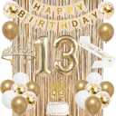Trgowaul 13th Birthday Decorations for Girls, Banner, Sash and Crown, Cake Topper, 13 Number Balloon, Fringe Curtains, Champagne Gold 13 Birthday Party Supplies