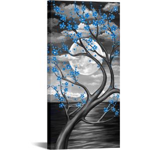 KREATIVE ARTS Blue Flower Tree Wall Art for Bedroom Cherry Blossom Tree in Full Moon Night Landscape Canvas Prints Artwork for Home Wall Decoration Ready to Hang Vertical 20x40inch (Blue)