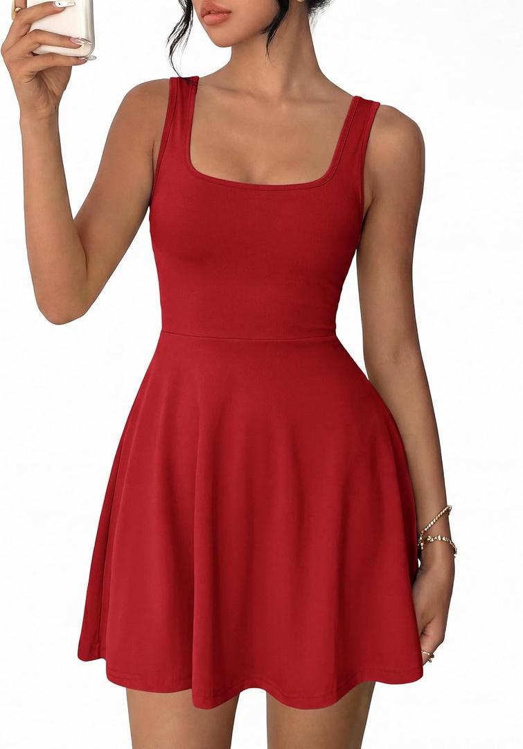 MASCOMODA Womens Sleeveless Mini Dress Summer 2026 Square Neck A Line Fit and Flared Cute Tank Top Short Dresses with Pockets XL