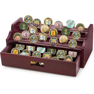 ZOOFOX Challenge Coin Display Holder, 12 Row Wood Military Coin Rack with Drawer, 3-Tier Army Collectible Coins Case for Desktop, Collectors, Holds 80-90 Coins