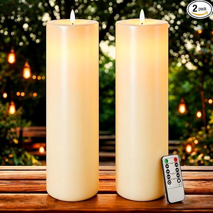 Gerrii 2 Pack 15.5" x 4" Large Outdoor Flameless Candle LED Waterproof Battery Operated Candle with Timer Remote Control Electric Flickering Flameless Tall Pillar for Patio Porch Lantern Indoor Decor