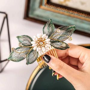 Casdre Flower Bride Wedding Hair Comb Gold Leaf Bridal Side Comb Hair Piece Party Prom Crystal Hair Accessories for Women and Girls (A Green)