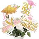 24 Pcs 2026 Pink Gold Floral Graduation Centerpieces Sticks Congrats Grad Decorations Class of 2026 Pink Gold Centerpiece Sticks Table Toppers for College High School Grad Party Photo Props Supplies