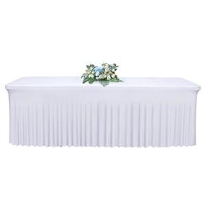 Babenest 1Pack 8FT White Spandex Table Skirt for Rectangle Tables, Wrinkle Resistant RufflesTable Cover for Trade Show, Parties, Birthday, Wedding, Banquets