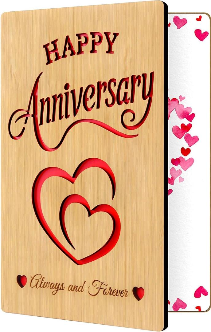 Wooden Happy Anniversary Card for Husband Wife - 1st 10th 25th 50th 5 Year 5th Wood Anniversary Wedding Gifts for Him Her - Always and Forever Cards for Boyfriend Girlfriend