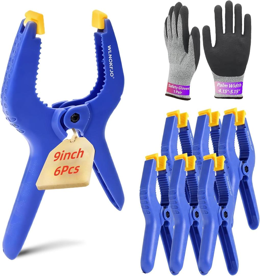 9 inches Spring Clamps Heavy Duty - 6 Pack Large Plastic Clamps& Safety Work Gloves for Woodworking, Crafts, Backdrop and Pool Cover with 3.5 Inches Mouth Opening And Serrated jaws