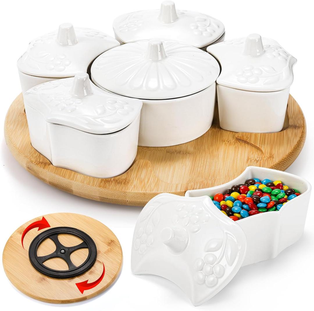 Lyellfe Divided Serving Dish Lazy Susan, 360 Rotatable Appetizer Tray with Lid, 12 Inch White Snack Relish Platter with 6 Compartment for Fruit, Veggie, Candy, Chip Dip