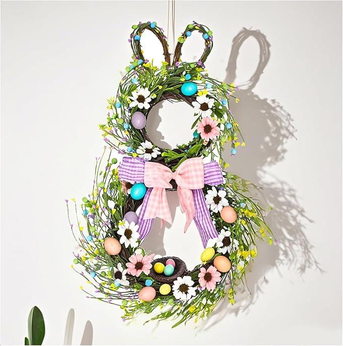 25 Inch Easter Bunny Wreaths for Front Door Decoration,Easter Door Wreath with Pastel Eggs Artificial Floral Decorations for Home Indoor Outdoor Porch Wall