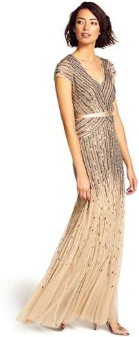 Adrianna Papell Womens Long Beaded V-Neck Dress with Cap Sleeves and Waistband, 12