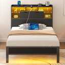 Rolanstar Twin Bed Frame with Headboard, LED Bed with Bookcase Storage and Charging Station, Metal Platform Bed with Glass Shelves, No Box Spring Needed, Noise-Free, Black