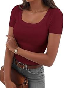 Ryaiwi Ribbed Short Sleeve Shirts for Women, Scoop Neck Fitted Womens Short Sleeve Tops Casual Basic Tshirt Trendy Outfits Red M