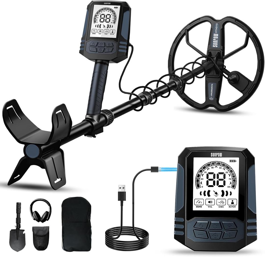 SUNPOW Rechargeable Metal Detector for Adults, 35H Battery Waterproof Gold Detector Kit, 10'' Deep Search Double-D Coil, High Accuracy Pinpointer for Beach, Saltwater & Yard OTMD15