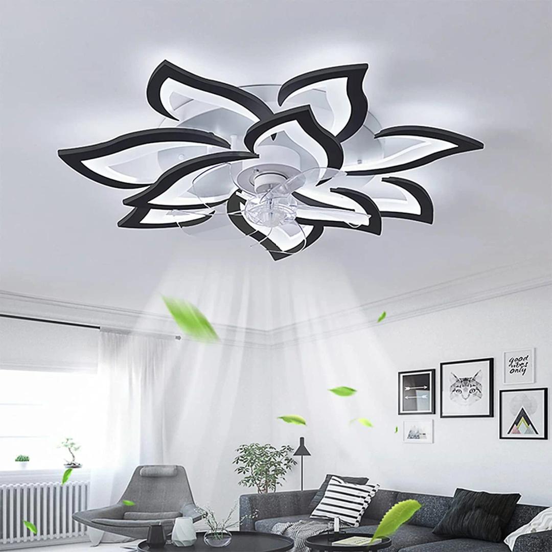 Ceiling Fans with Lights,32" Flower Flush Mount Ceiling Fan with Remote/App Control,Dimmable LED Low Profile Ceiling Fan with 6 Speeds for Bedroom,Dining Room,Kitchen.White,120V Black