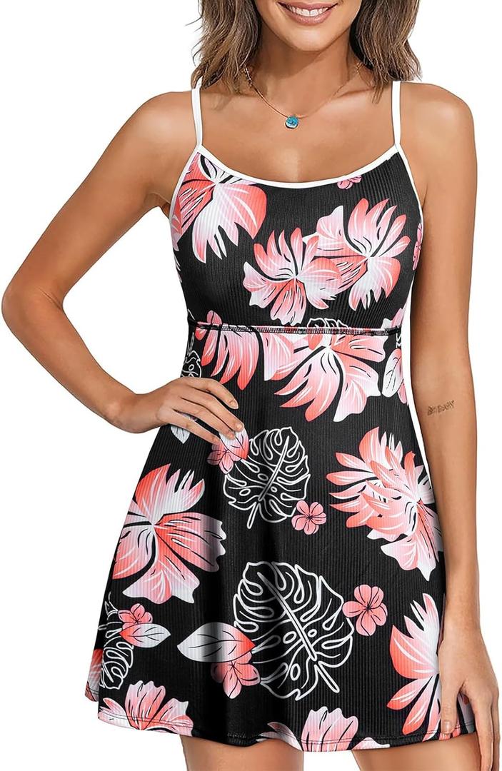 Aleumdr Womens Ribbed One Piece Swimsuits Modest Swim Dress Tummy Control Adjustable Straps Bathing Suit with Pockets (XL, Black Printed)