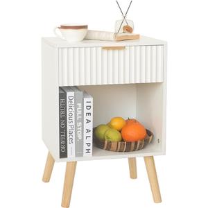 White Nightstand, Modern Bedside Table with Drawer and Opening Storage, Fluted End Side Table Living Room with Solid Wood Legs for Bedroom (White)