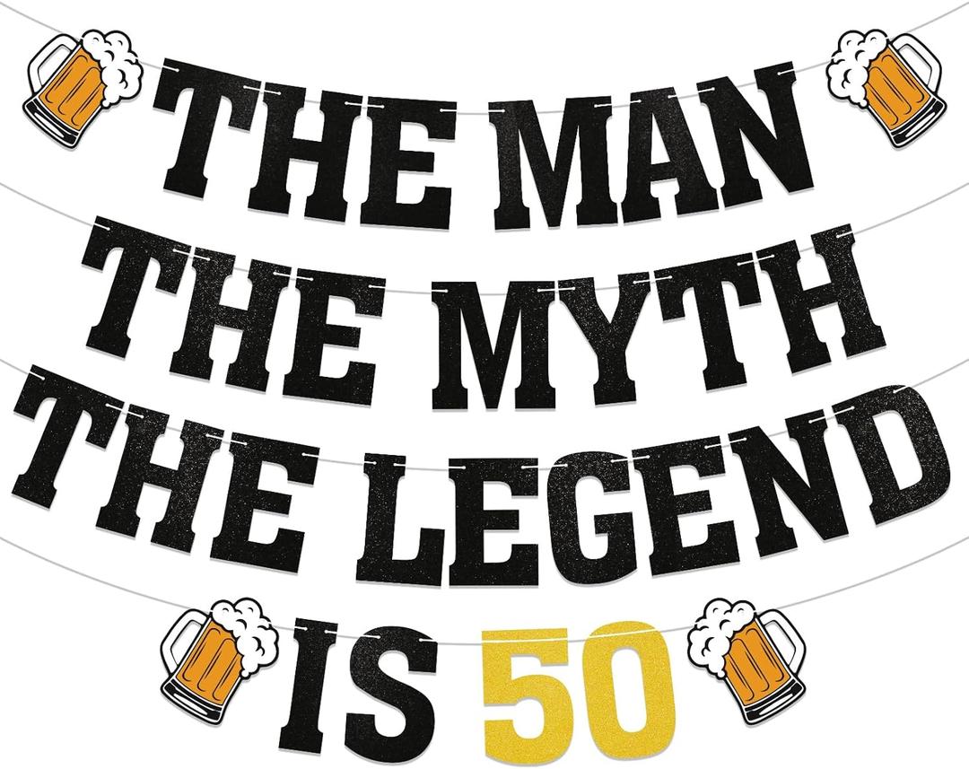 The Man The Myth The Legend is 50 Banner - Cheers & Beers to 50 Years Birthday Decorations, 50 Years Loved & Blessed Decorations, Legend Since 1974 Decor, Happy 50th Birthday Party Decorations Black Glitter