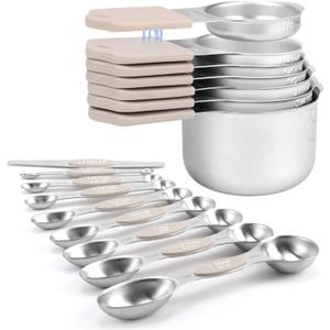 Koujip Magnetic Measuring Cups and Spoons Set-Heavy Duty 304 Stainless SteelDouble Measurement MarkingsSet of 16 with Leveler for Measure Dry and Liquid Ingredients (Khaki)