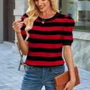 Sampeel Womens Tops Short Sleeve T Shirts Spring Summer Women's Clothing Cruise 2026 Ladies Tops and Blouses Business Casual Outfits Loose Fit Plus Size Sweater Black Striped 2XL