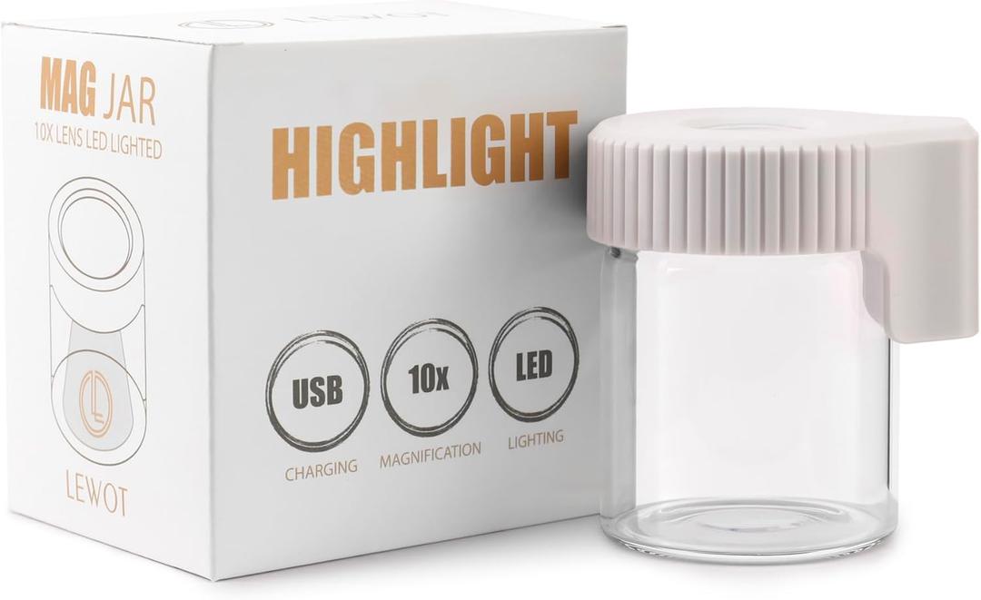 Magnifying Viewing Jar with LED Light, Airtight Transparent Glass Storage Jars, Rechargeable LED Lit Lid Container (White)