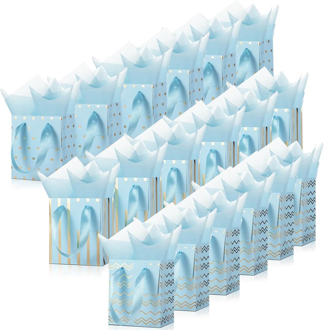 Tenare 24 Small Gift Bags Bulk with Handles, 4x2.75x4.5 in, Light Blue