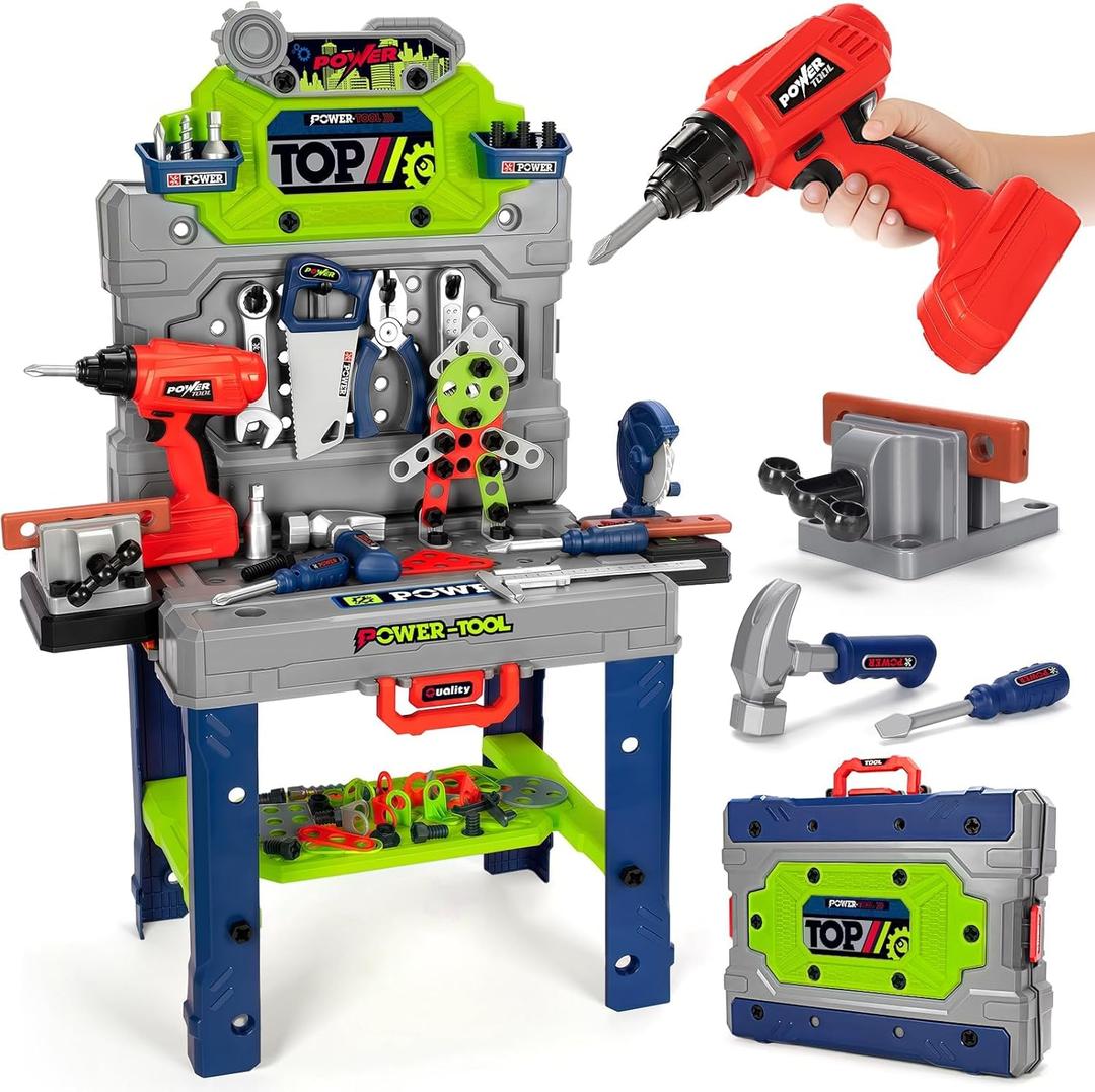 Kids Tool Bench Set with Electric Drill and Realistic Tools, Construction Workbench Playset Toy for Toddler 3-5, Easy Set up, Kids Boy Toys, Birthday Gifts for Boys Age 3 4 5 Year Old (Green)