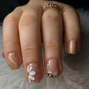 2 x 24pcs Flower Press on Nail Medium Length Square Fake Nails Full Cover French Tip with Stripe Leopard Print Polka Dot designs 3d Flower Stick on Nail Gold Glitter Glue on Nails for Women Art Manicure