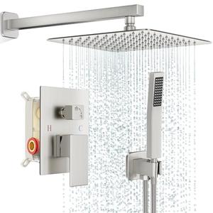 FPXRNG Shower Faucet Set Bathroom Square Rain Shower Head and Handle Set, Wall Mounted Shower Fixtures, Full Metal Trim Repair Kit 10 inch Brushed Nickel (With Shower Valve)