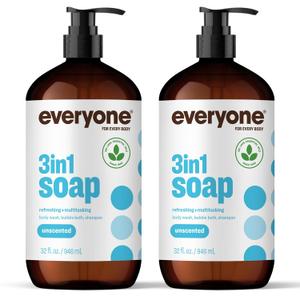 Everyone 3-in-1 Soap, Body Wash, Bubble Bath, Shampoo, 32 Ounce (Pack of 2), Unscented, made for Men and Women, Period After Opening: 12 Months