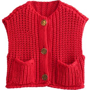 Wyeysyt Sweater Vest Women Sleeveless Crop Knit Cardigan Casual Button Down Cropped Knitted Sweater Vest with Pockets (Medium, Red)