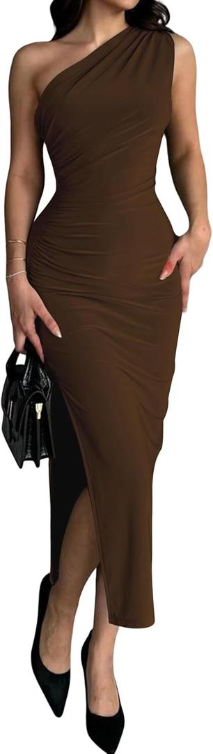 Womens' Sexy Summer One Shoulder Bodycon Long Stretchy Skin Tight Side Slit Date Night Dresses (Large, Brown)