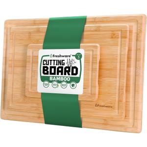 Freshware Wood Cutting Boards for Kitchen - Bamboo Cutting Board Set of 3, Cutting Boards with Juice Grooves, Serving Board Set, Chopping Board for Meat, Veggie, Easy Grip Handle (9x6", 12x8", 15x10")