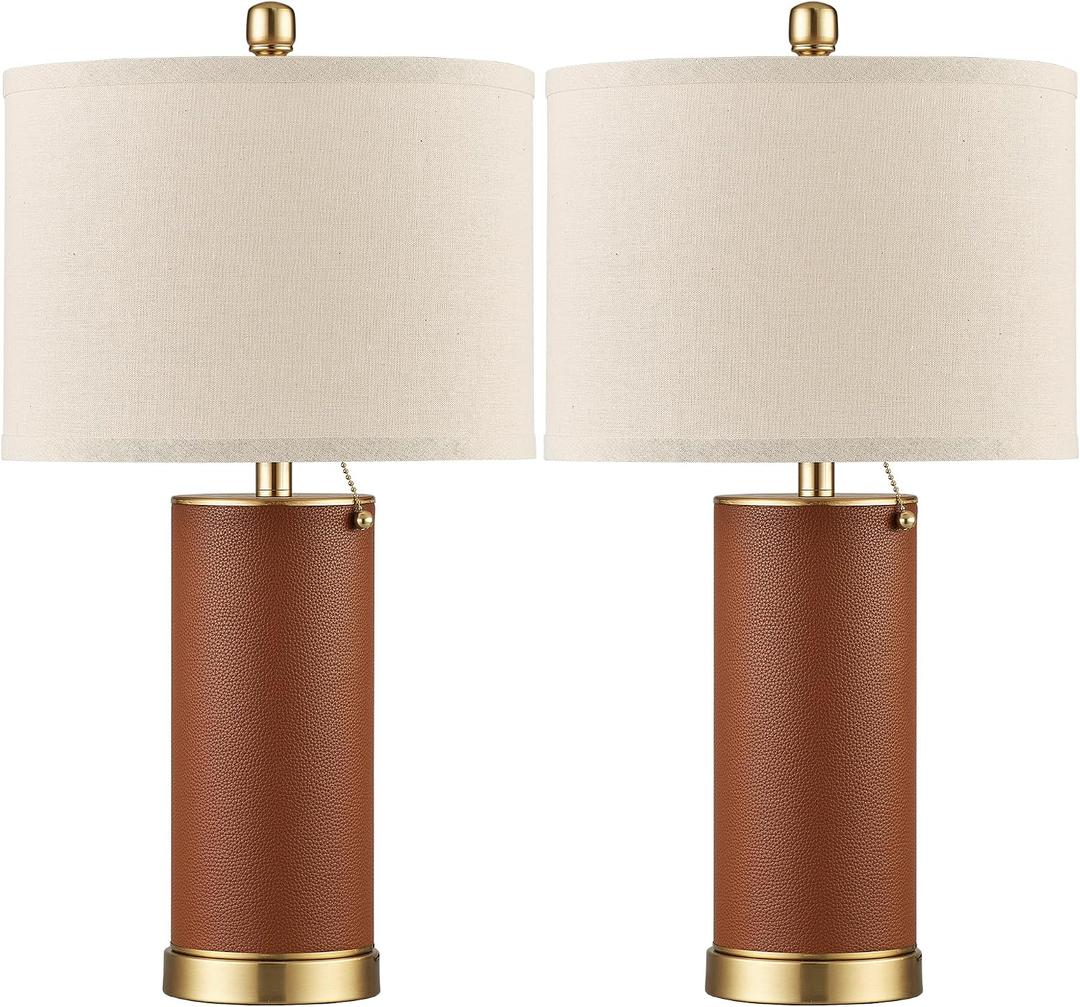 KDG 23.4" Brown PU Leather Table Lamps for Living Room Set of 2, E26 Socket LED Modern Home Decor Fabric Lampshade Desk Lamp Lighitng for Bedroom, Bedside, Farmhouse, Nightstand, Night Light