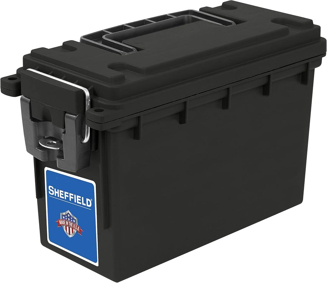 Sheffield 12629 Ammo Storage Box, Stackable .30 Cal Field Boxes, Water and Dust Resistant, Lockable Storage Box with Handle, Secures Hunting Gear, Supplies, and Bullets, Made in USA, Black, 1-Pack