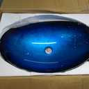 Oval Blue Glass Vessel Sink 22x14 Inch with Waterfall Faucet and Pop-Up Drain Tempered Glass Basin Top Mount Bathroom Sinks Boat Shape Design Bowl for Apartment Bathrooms Vanities