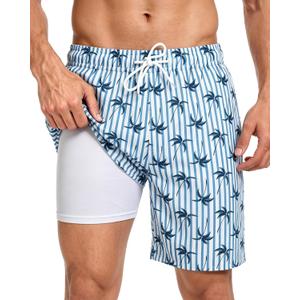 Fasker Mens Swim Trunks with Compression Liner 7" Inseam Quick Dry Bathing Suit Beach Shorts Swimming Trunks with Pockets (Blue, L)