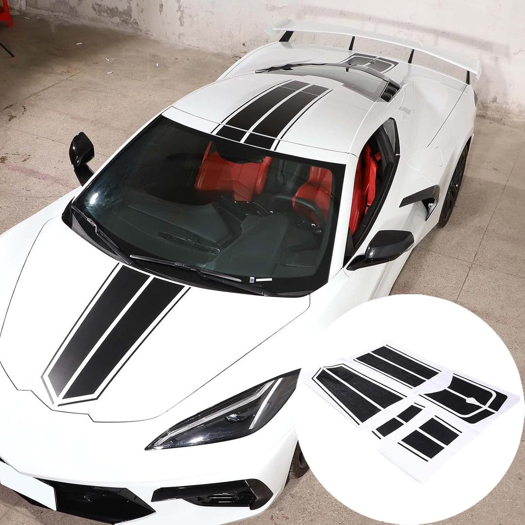 Auto Racing Body Stripe Decal Compatible with Chevrolet Corvette C8 2020-2023, Car Hood Stripe Vinyl Sticker, Full Body Race Stripes C8 Sticker Accessories (Black)