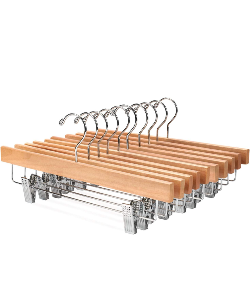 Nature Smile Solid Lotus Wood Deluxe Wooden Pants Hangers Bottom Hanger Jeans Hanger Skirt Hanger with 2-Adjustable Clips Anti-Rust Hook Pack of 10 (Natural)