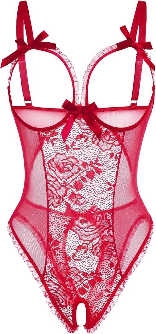 Avidlove Women One Piece Lingerie Sexy Lace Babydoll Mini Bodysuit (XL, Rose Red)