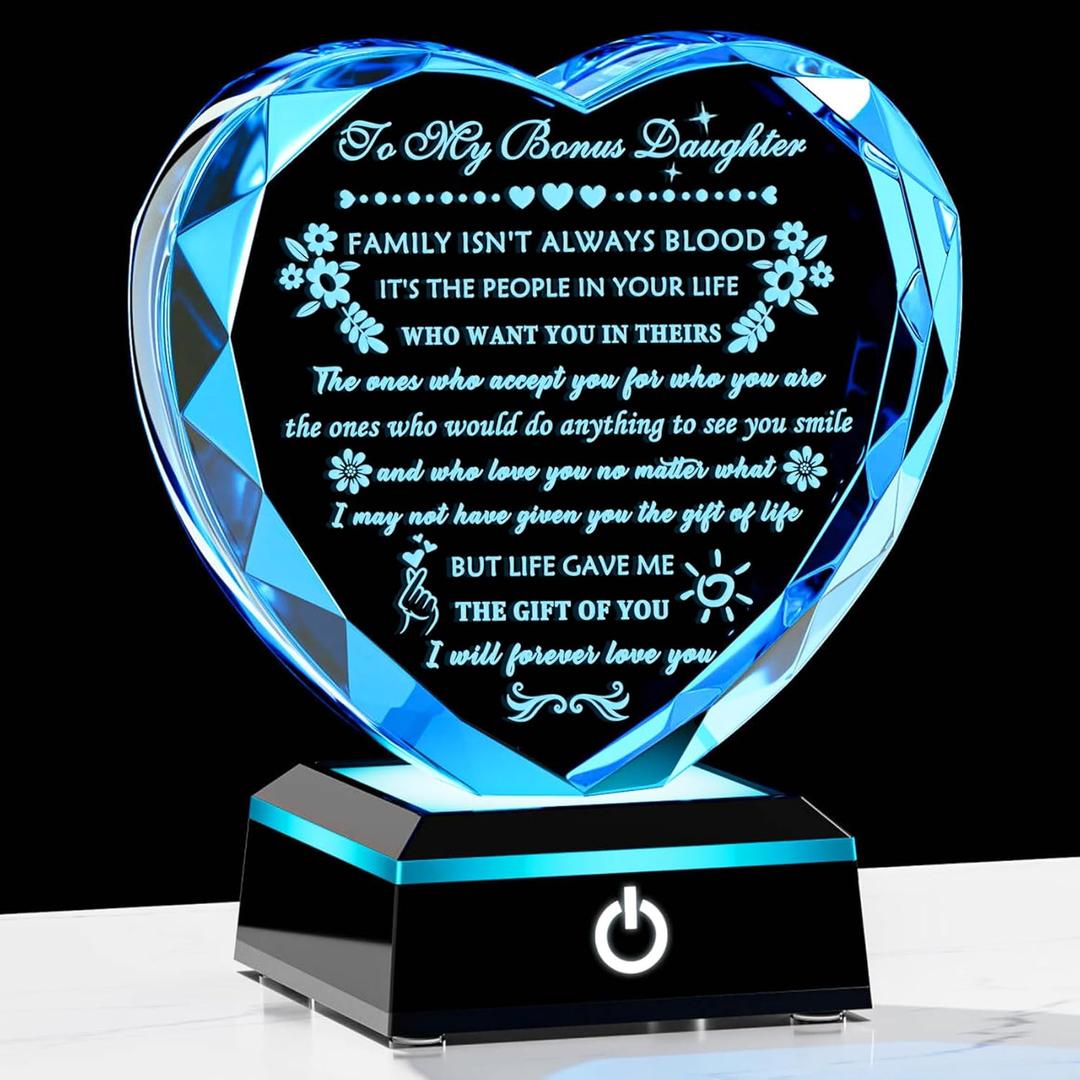 YWHL Bonus Daughter Gifts from Mom Dad Birthday Gifts for Bonus Daughter with Colorful Base Heart Shaped Crystal Keepsake To My Bonus Daughter Stepdaughter Gifts on Christmas Graduation Valentine's