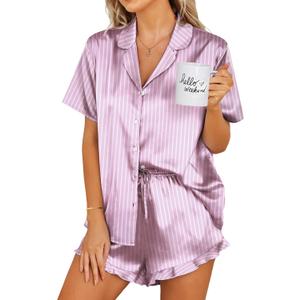 Ekouaer Women's Satin Pajamas Set Button Down 2 Piece Silk Pjs Shorts Set Ruffle Lingerie Notch Collar Sleepwear (X-Small, Striped Purple)