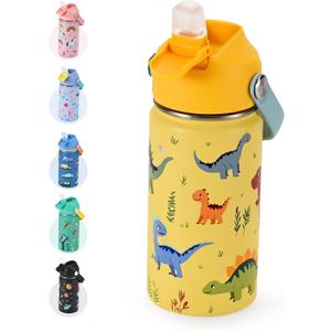 Kids Water Bottle 14oz with Silicone Straw Lid - Insulated Toddler Water Bottle Stainless Steel Keeps Cold 24H, Leak Proof & Dinosaur Prints Design | Custom Name Tag for School, Daycare, Travel