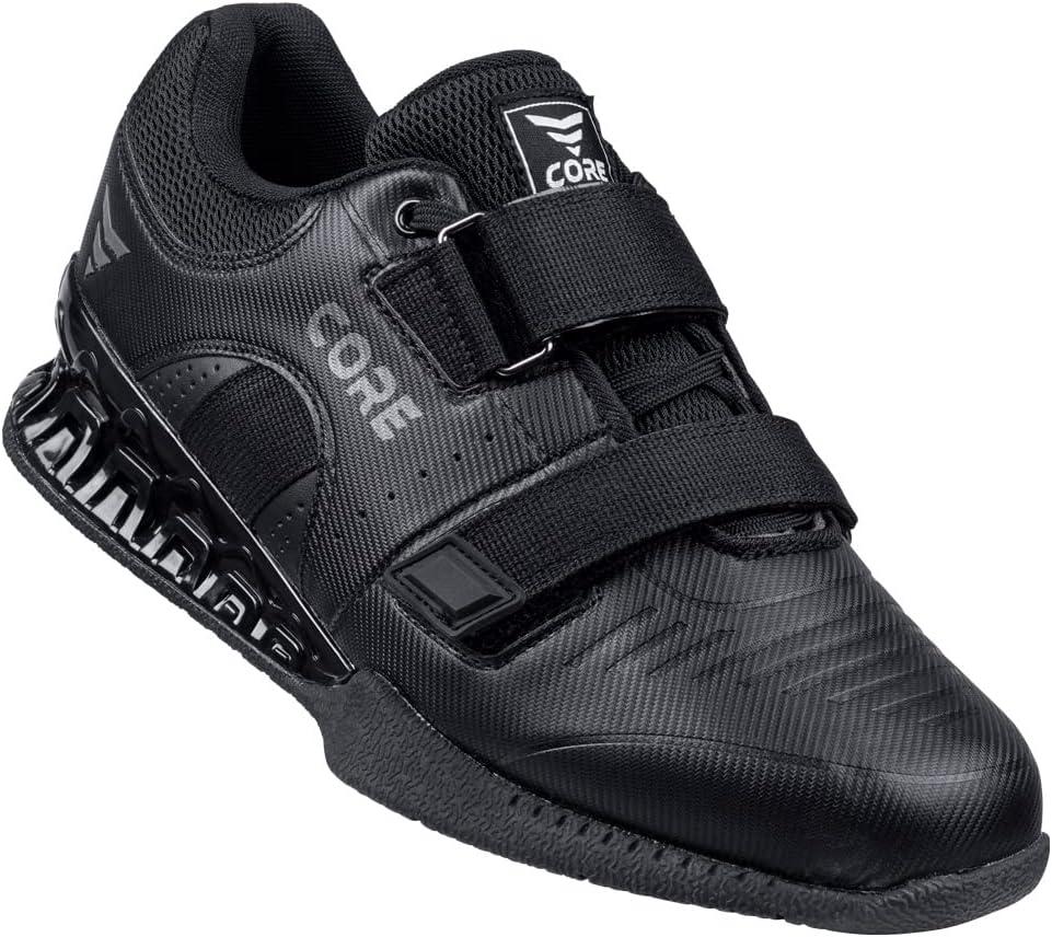 CORE Weightlifting Shoes Force Black - Non-Slip Squat Shoes for Powerlifting, Deadlifting, Weight Training - Strap and Lace-Up Gym Shoes - Olympic Lifting Footwear with 0.75 Inch Heels, 8 US
