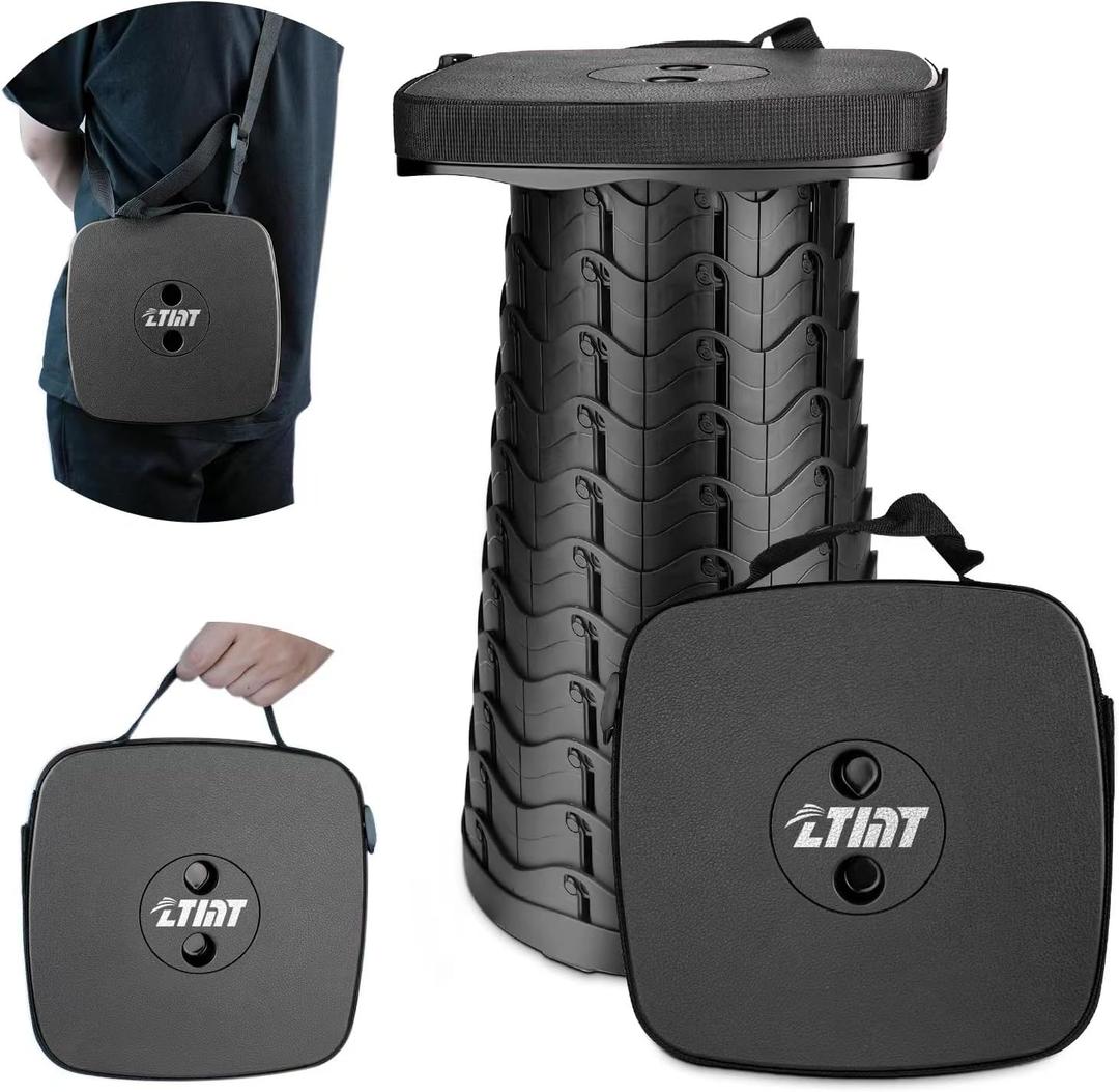 Upgraded Square Folding Stool, Max Load Capacity 485lbs, Portable Collapsible Seat, Telescoping Foldable Stool for Camping,Fishing,Hiking,Travel (Black)