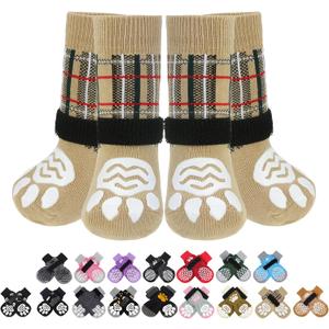 PUPTECK Anti Slip Dog Socks 2 Pairs with Double Grippers for Hardwood Floors, Shoes for Hot/Cold Pavement, Boots & Paws Protectors to Prevent Licking, Traction Booties for Senior Small Large Dogs (Beige(Plaid))