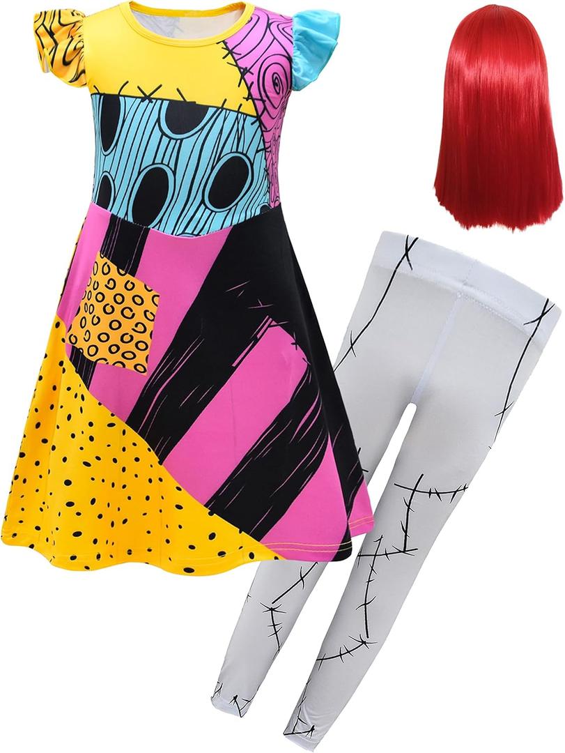 Sally Costume Kids, Sally Costume Girls Toddler Christmas Nightmare Dress Up (7-8 Years, 3pcs Set)