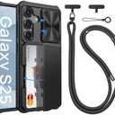 Vihibii for Samsung Galaxy S25 Case with Crossbody Lanyard Strap, Build-in Card Holder (4 Cards) [RFID Blocking] & Slide Camera Cover & Military Grade Drop Protection, Silicone Edge Cover, Black